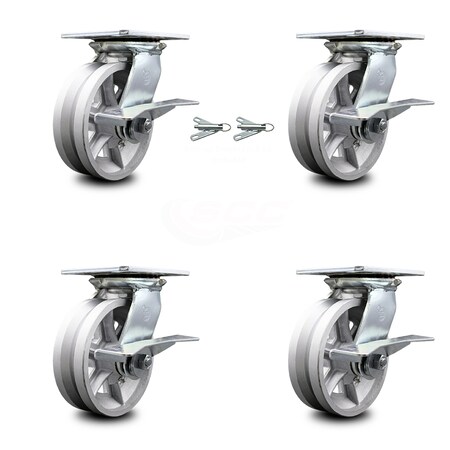 Service Caster 6 Inch V Groove Semi Steel Caster Set with Roller Bearing 4 Brake 2 Swivel Lock SCC-35S620-VGR-SLB-BSL-2-SLB-2
